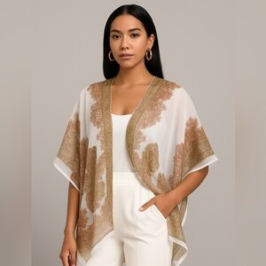 White Organza Shawl with Gold & Brown Embroidery | Elegant Wedding Guest Cape